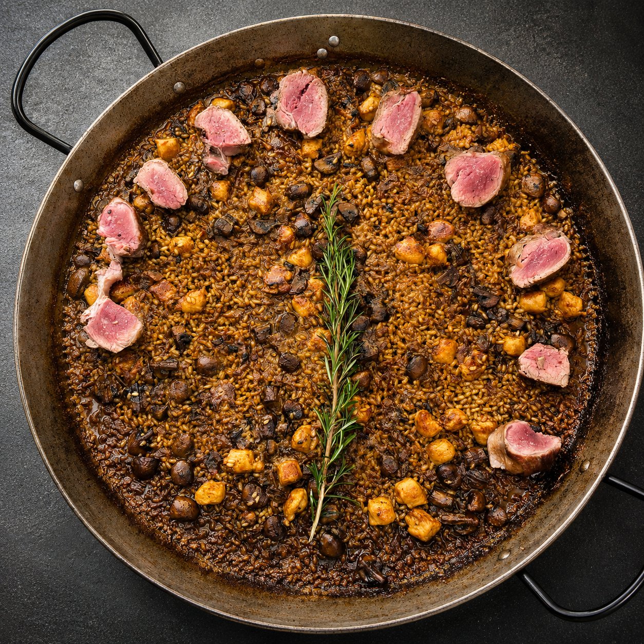 El arroz de ternera en la paella, para el centro de la mesa (fotografía real)
